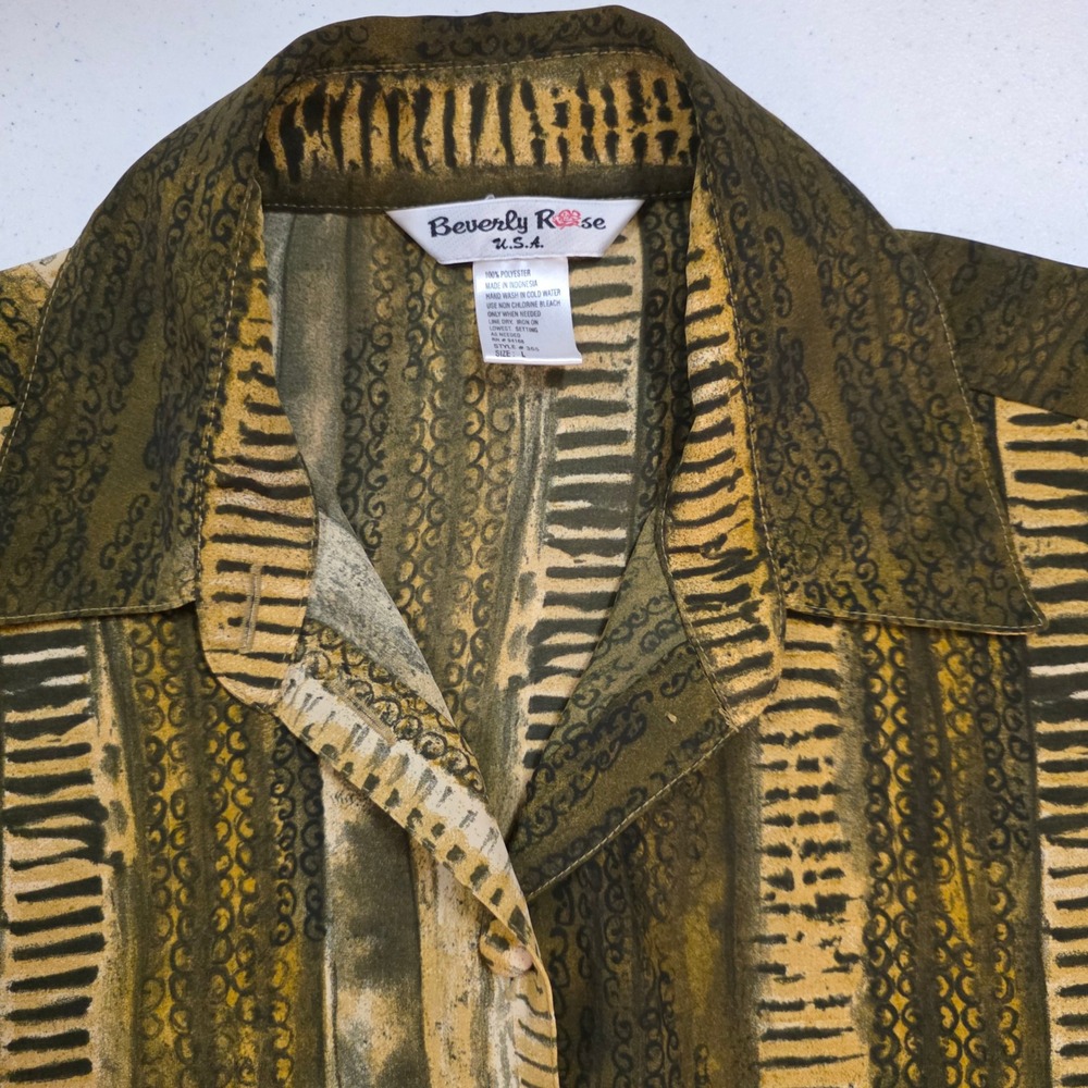 Vintage Beverly Rose USA Women Large Olive Green Gold Patterned Button Up Blouse